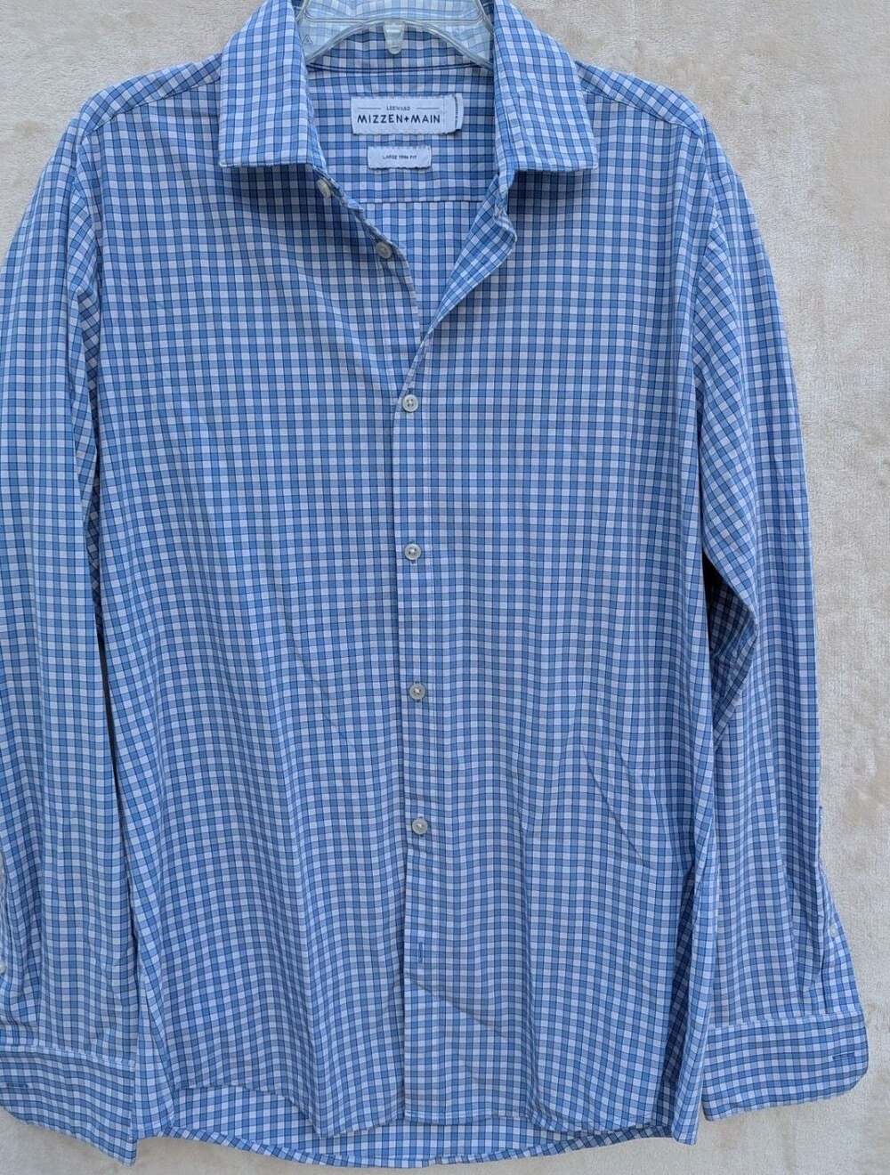 Mizzen + Main Leeward Blue Gingham Plaid Long Sleeve Button Down Large Trim Fit